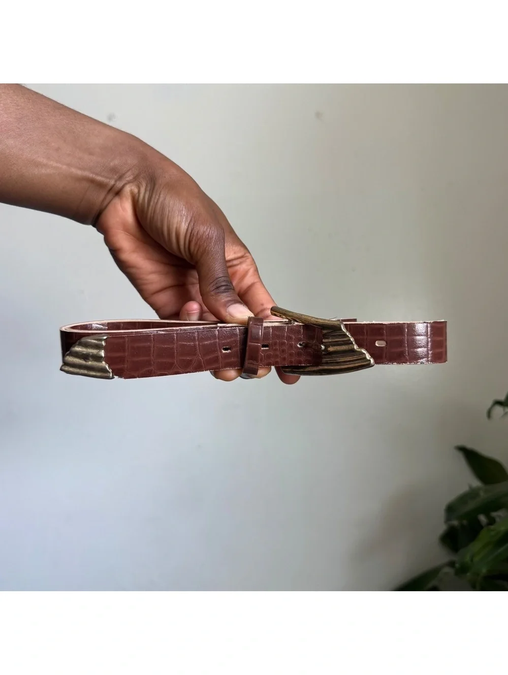 90s Croc Embossed Brown Belt Art Deco Gold Geometric Buckle Sz 14 Fits M-L